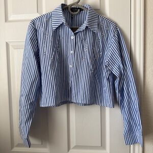 Balboa Striped Cropped Button Down Shirt Medium Rhinestone Detail Top
